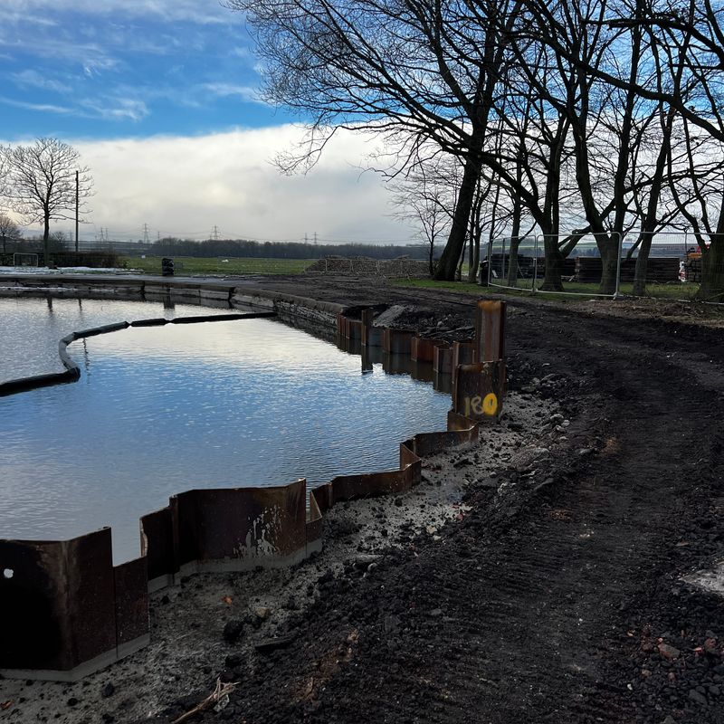 Sheet piling works undertaken by Sheet Piling (UK) Ltd, in Pontefract Park, Yorkshire.