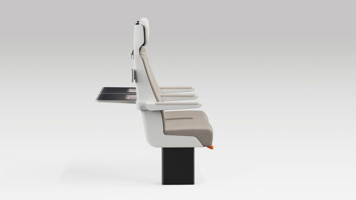 Side profile of a pair of ALIZÉ rail seats with arms in normal position and tables out.