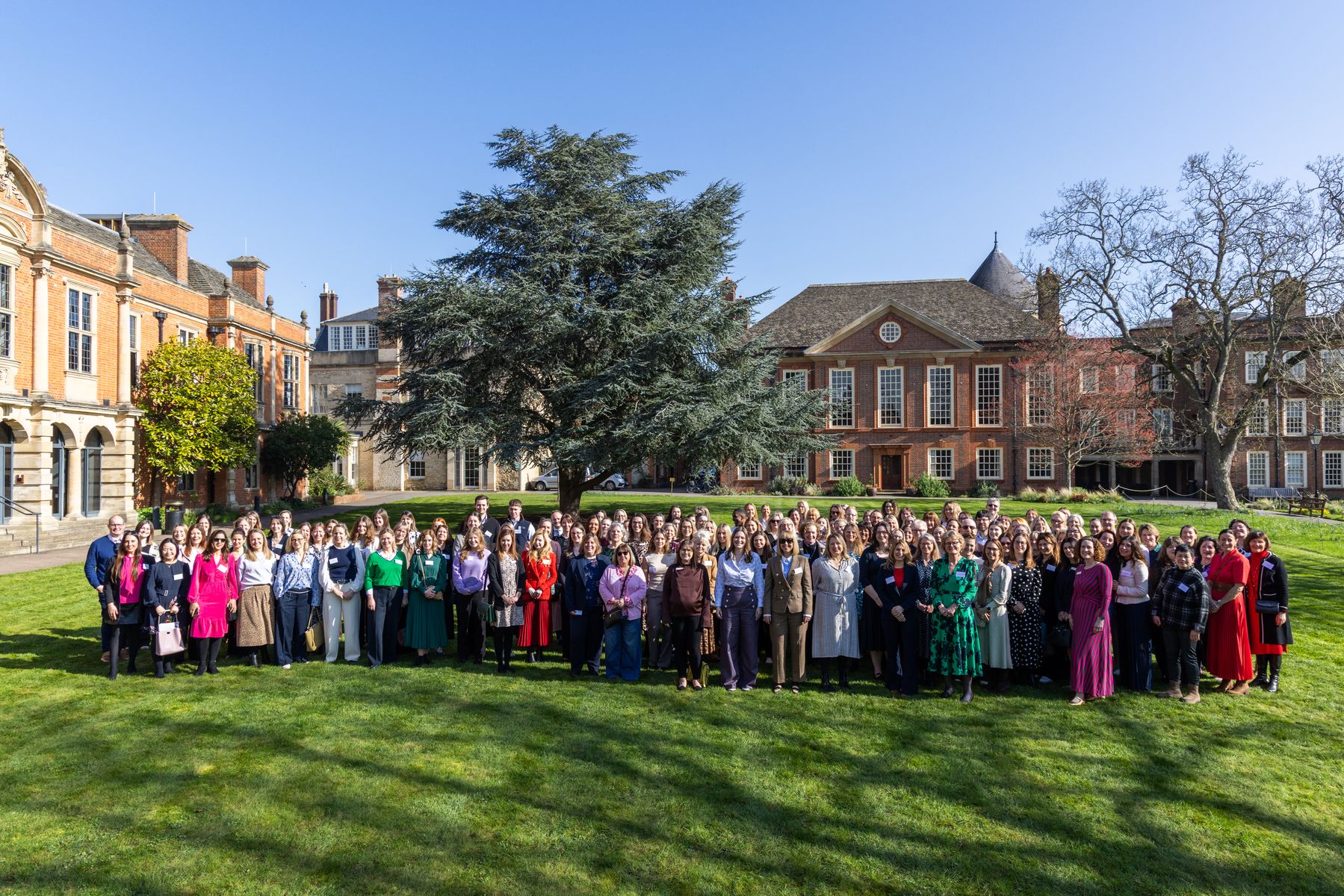 Attendees gather outside Somerville College, University of Oxford for Gardner Leader's International Women's Day event