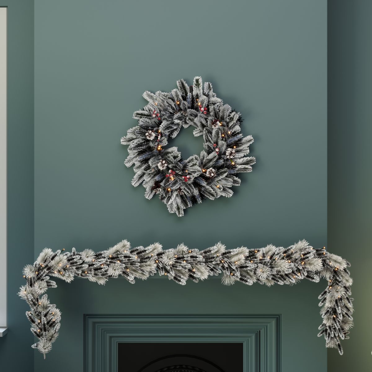 Indoor Outdoor 60cm Pre-Lit Red Berry & Pinecone Snowy Wreath
