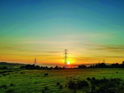 View of pylons in fields 
