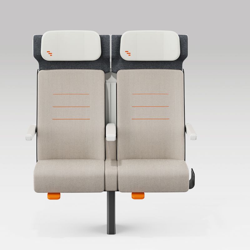 Front view of a pair of ALIZÉ train seats with arms up. 