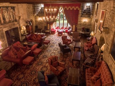 The exquisite drawing room at Langley Castle Hotel, Northumberland