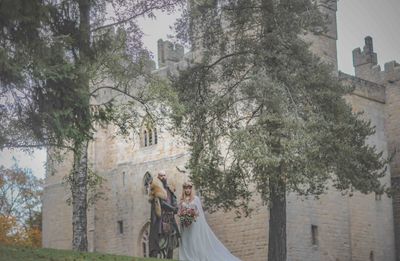 Bridal couple in the grounds at Langley Castle