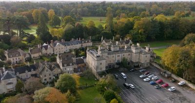 Drone shot of the iconic 11th Century Castle in the centre of Cirencester