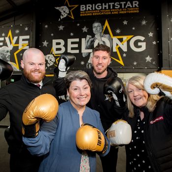 Pic Caption (L-R) Jack Clements from McPhillips with Joe Lockley, founding director of Bright Star Boxing, Sonia Roberts, Shropshire Community Foundation trustee and Val Hardy, McPhillips company secretary.jpg