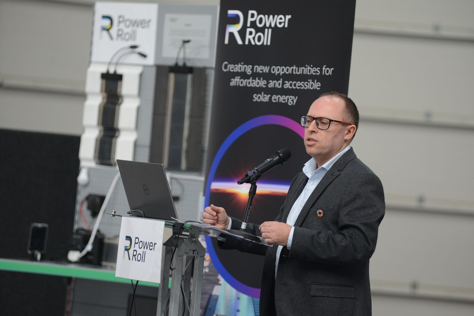 Neil Spann, ceo, Power Roll, speaking at the launch of solar film pilot manufacturing facility, County Durham