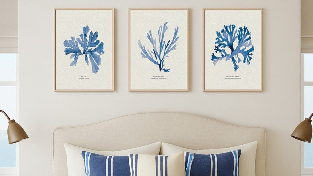 Suggested Header Set of 3 Indigo Seaweed Paintings - Seaweed Art Prints  - Natural Frame.jpg