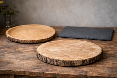 Rustic wooden display bases on table.png