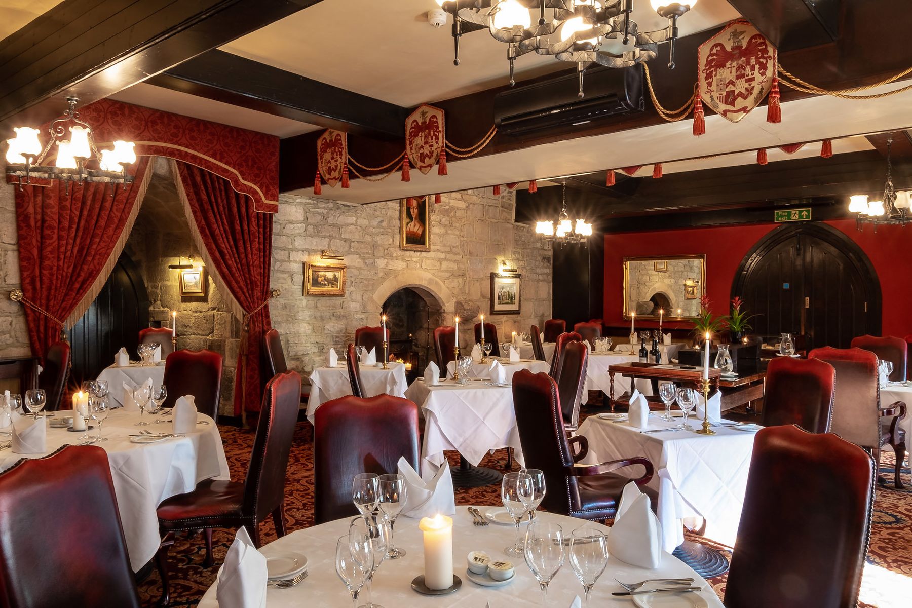 The Josephine dining room at Langley Castle Hotel, Northumberland, UK