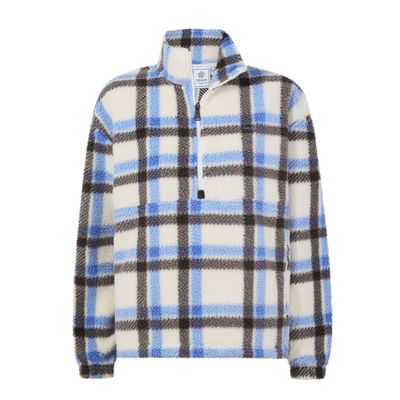 Sara Womens Relaxed Fit Sherpa Fleece Zip Neck - Cobalt & Brown Check