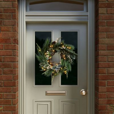 Indoor Outdoor 55cm Pre-Lit White Berry & Pinecone Eucalyptus Wrea