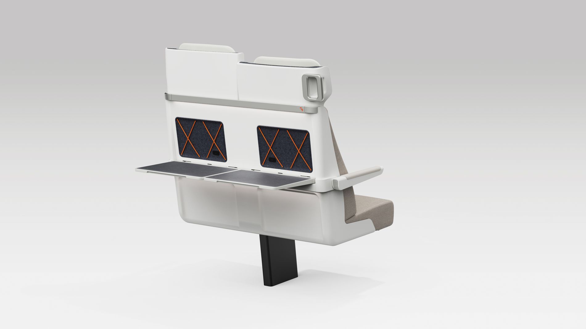 Rear view of pair of ALIZÉ seats with both tables open and arms down 