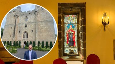 Langley Castle manager, Mohamed Serag, inset, with Langley Castle stained glass chapel window behind