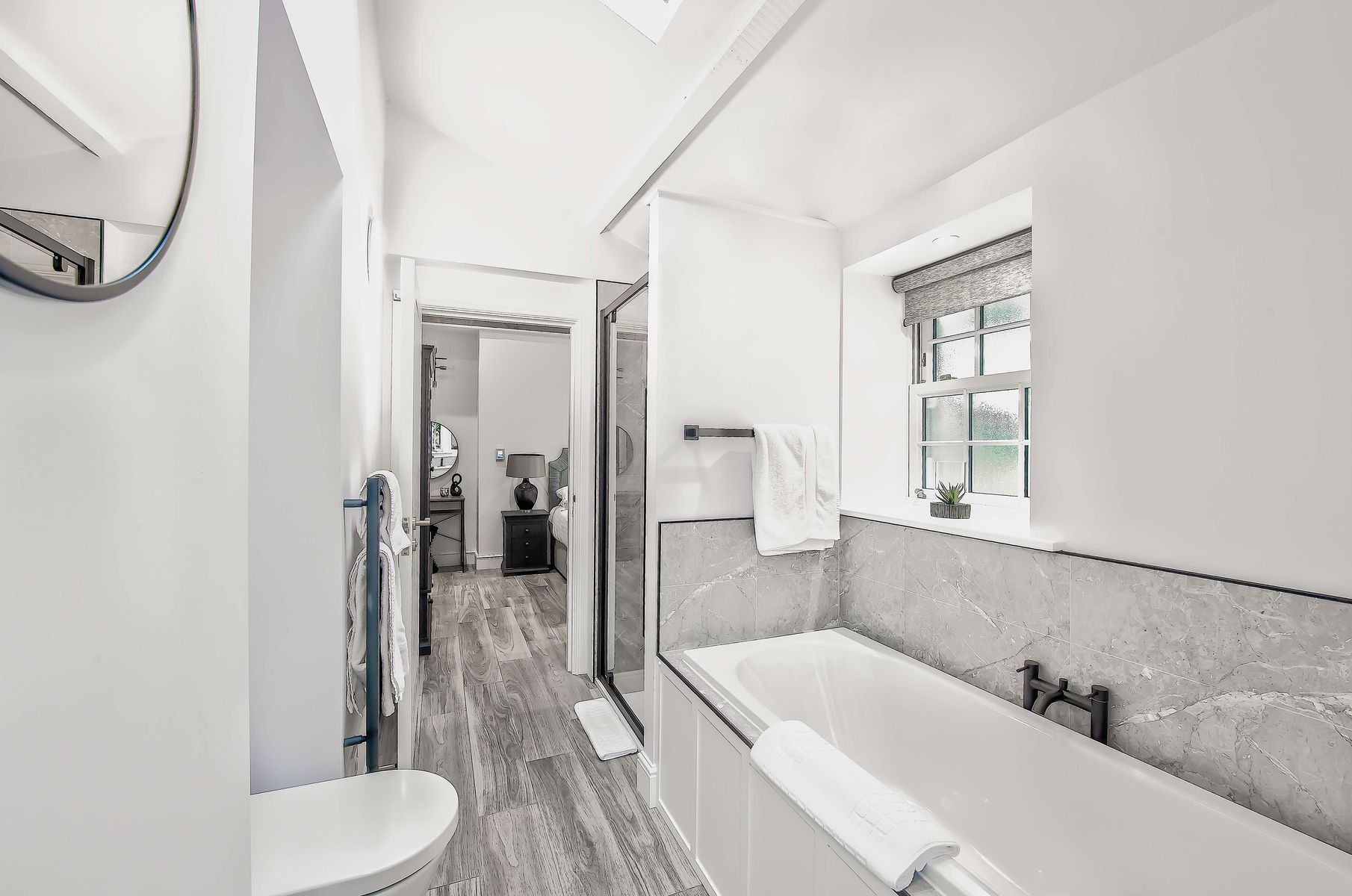 One of the en suite bathrooms at Toll Bar Luxury Villa at Langley Castle, Northumberland, UK