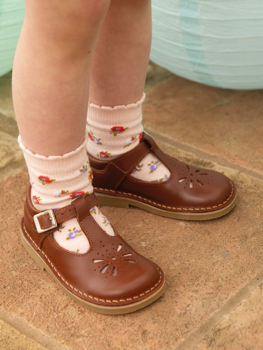Lottie, Tan leather classic t-bar buckle shoes