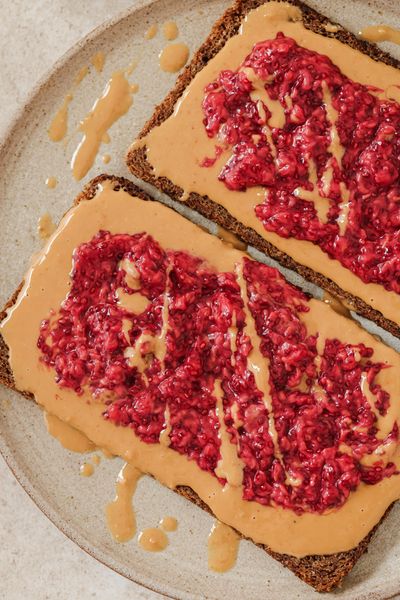 Raspberry Chia & Peanut butter on Rye - close up