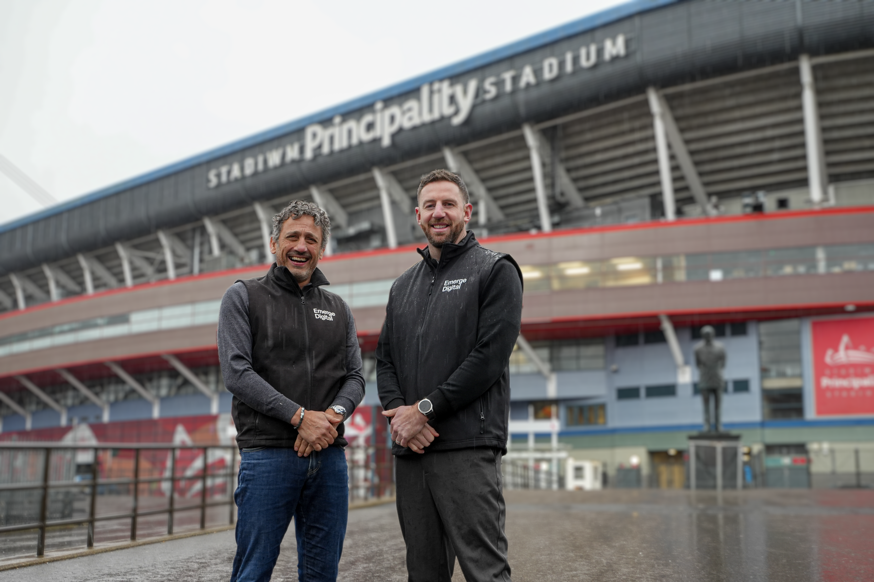  Nigel Church, CEO of Emerge Digital and Alex Cuthbert outside the Principality Stadium in Cardiff