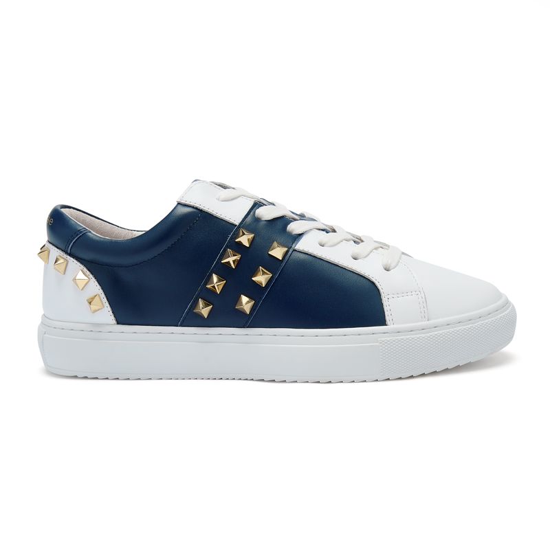 Hoxton White and Navy Trainers with Gold Studs