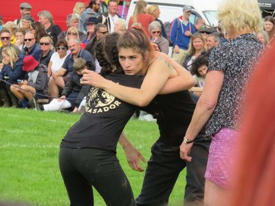 Breton wrestler, Anäelle Le Piolet, in Cumberland and Westmorland wrestling action at Grasmere Lakeland Sports and Show.
