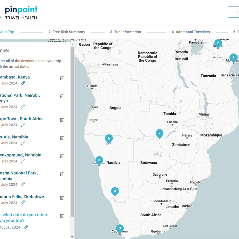 Sample itinerary builder in the Pinpoint Travel Health system