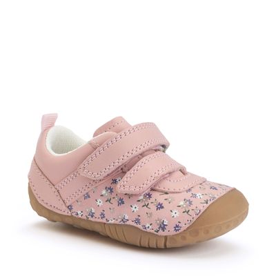 Little Smile Dusky pink leather/nubuck floral girls rip-tape pre-walkers