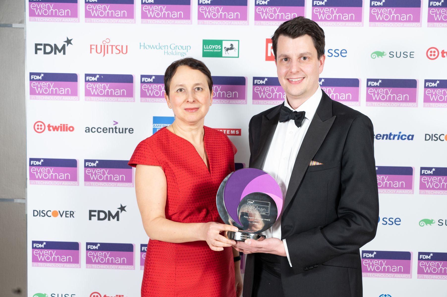Elena Livitskaya, Technology Delivery Director at Centrica and Declan O'Gorman, Head of Engineering at Natwest Group Winner of the 'Male Agent Of Change' Award (sponsored by Centrica Plc) at the 2023 FDM everywoman in Technology Awards