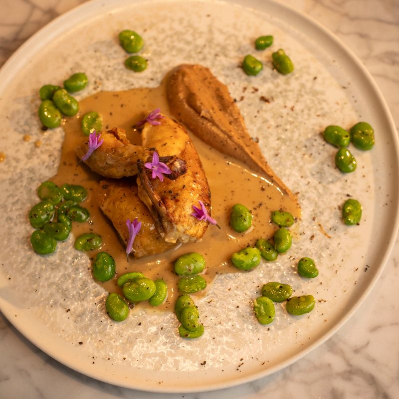 Poussin with Broad Beans and a Creamy Cepe Mushroom Sauce