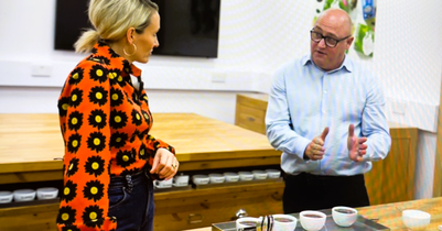 Kate Quilton with Daniel Parr - tea tasting at Clipper HQ.png