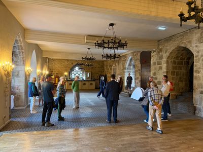Langley Castle hotel guests enjoying the daily Battlements Tour in the Stuart Suite