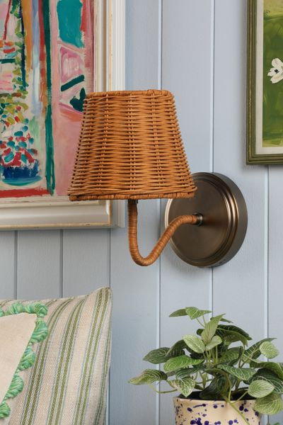Joules Elcot Rechargeable Wall Light Satin Bronze With Rattan Shade