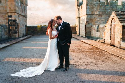 Aashna Jain and Matthew Ronalds on the Battlements at Langley Castle, Northumberland, UK. Photo credit: Mick Merriott Photography