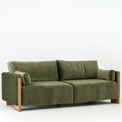 Audrey Exposed Wood Frame 3 Seat Sofa in Green Velvet
