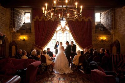 Intimate wedding in the drawing room of Langley Castle Hotel, Northumberland