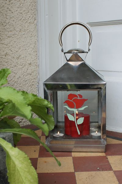 Thorndown Peelable Glass Paint in Dragon Red and Cathedral Green Rose Stencil on lantern