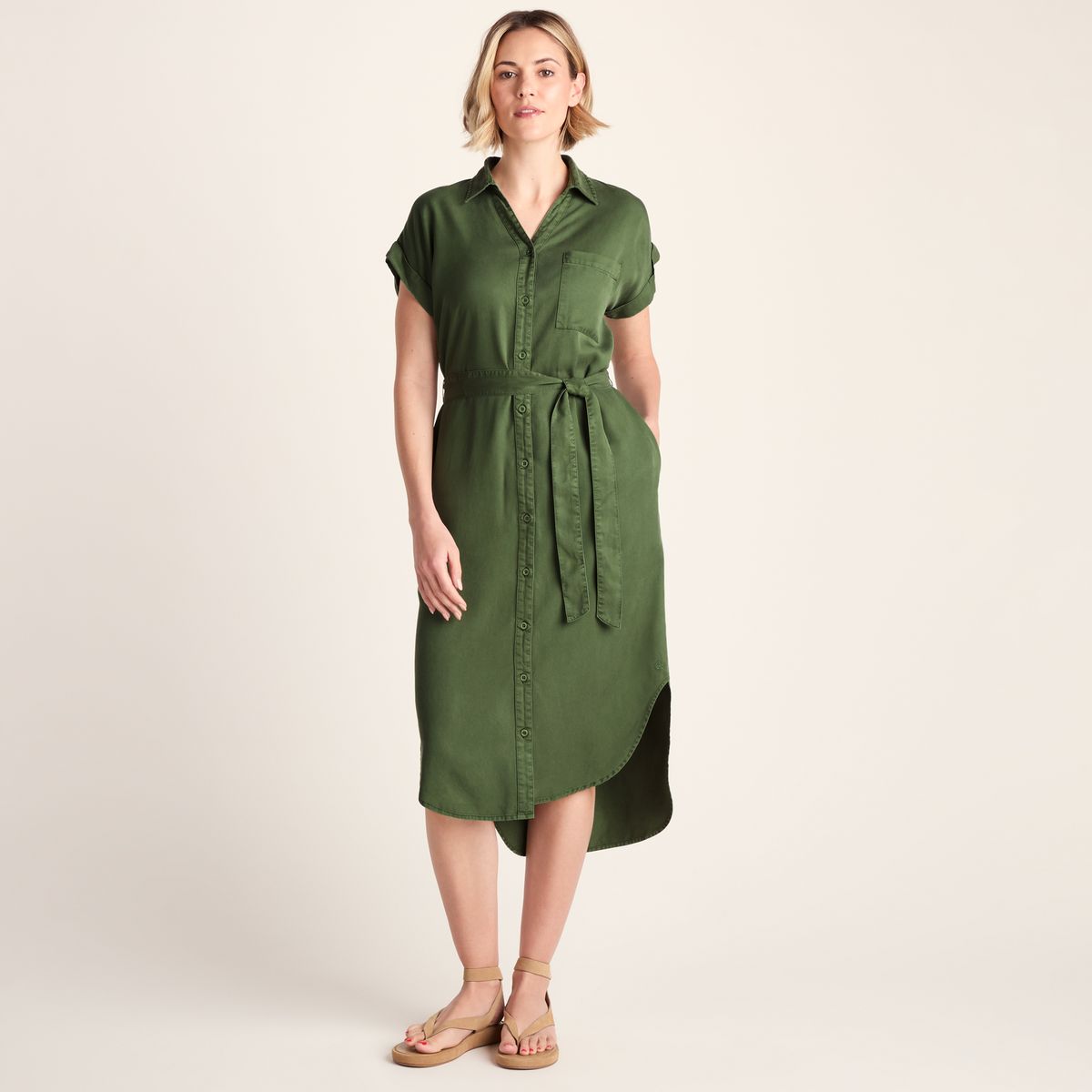 Lenira Womens Relaxed Fit Luxurious Tencel Lyocell Shirt Dress - Dark Matcha