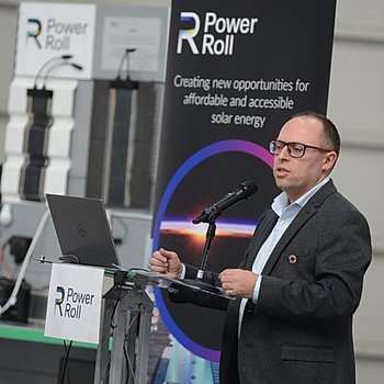 Neil Spann, ceo, Power Roll, speaking at the launch of solar film pilot manufacturing facility, County Durham