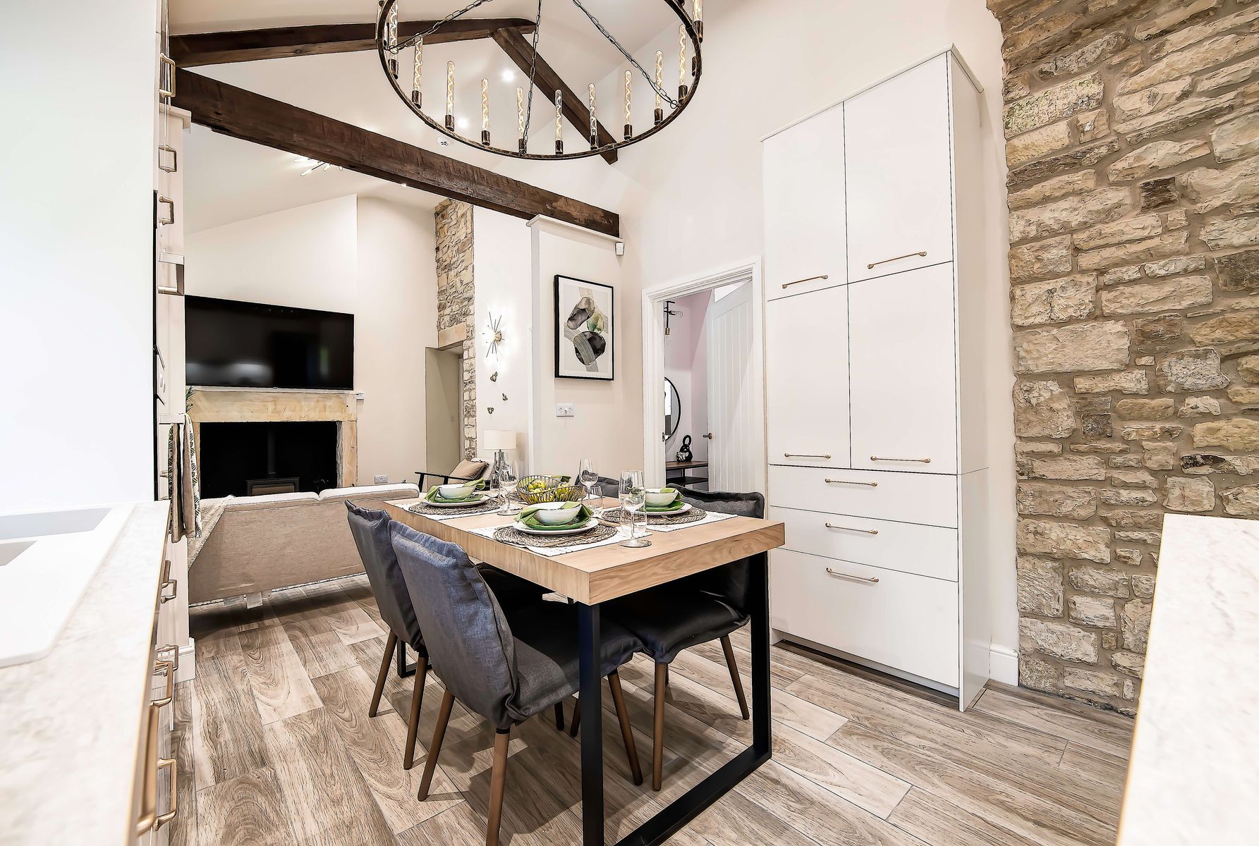 Part of the beautifully equipped kitchen and lounge  at the Toll Bar Luxury Villa at Langley Castle Hotel, Northumberland, UK,