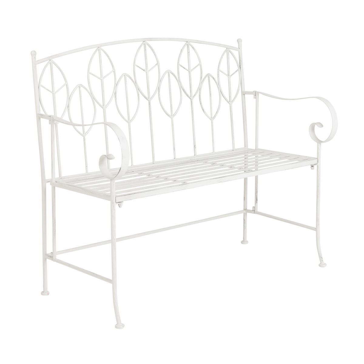Antique White Leaf Design Rustic Metal Garden Bench