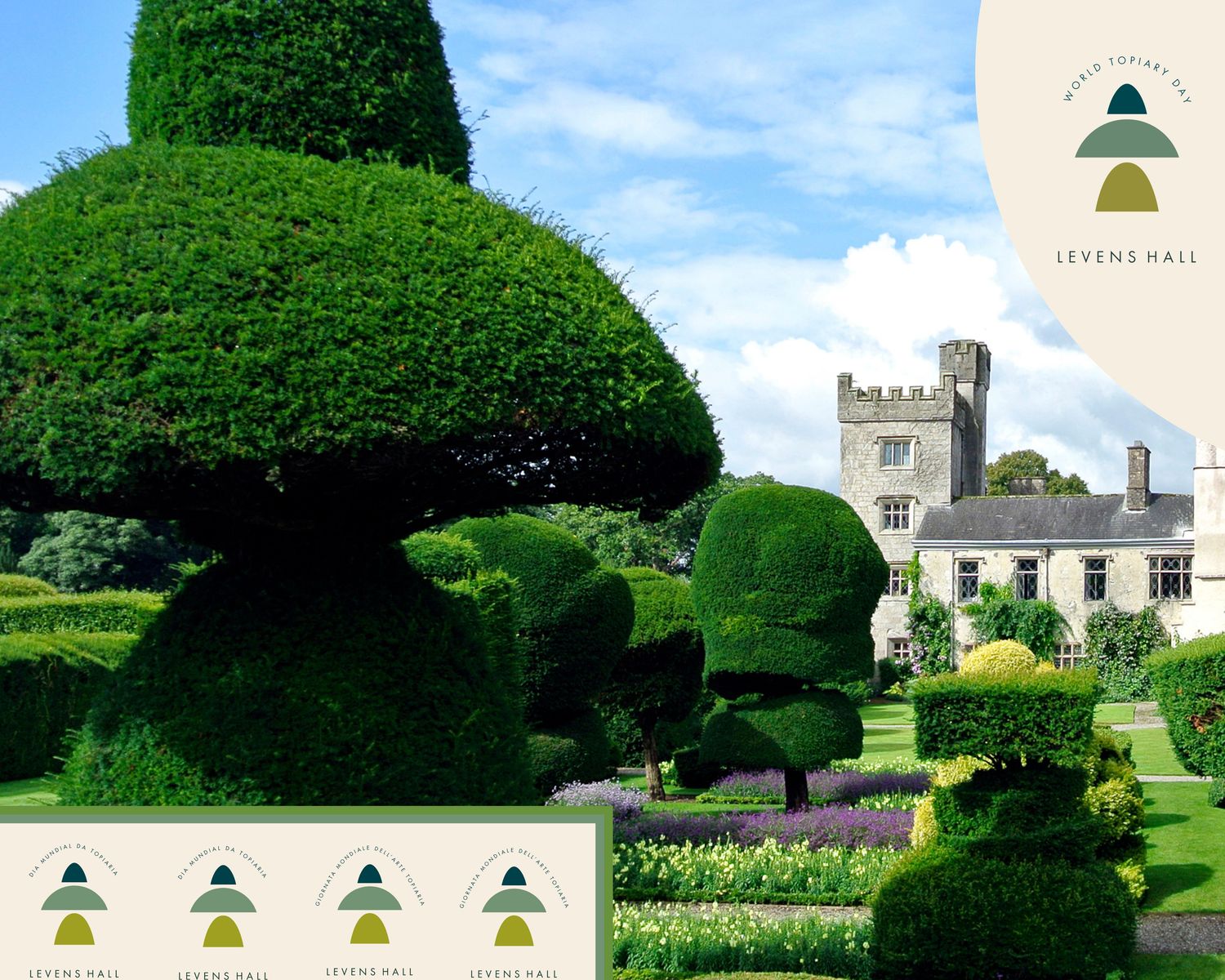 Levens Hall topiary garden and the logos in different languages produced for World Topiary Day 2023