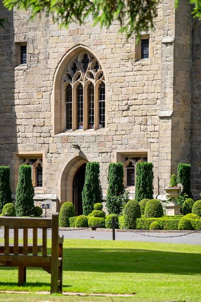 View towards the entrance of Langley Castle Hotel, Northumberland