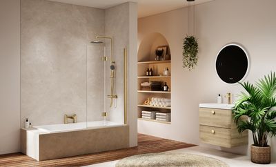 ARYSTO Sleek Hinged Bath Screen in Brushed Brass