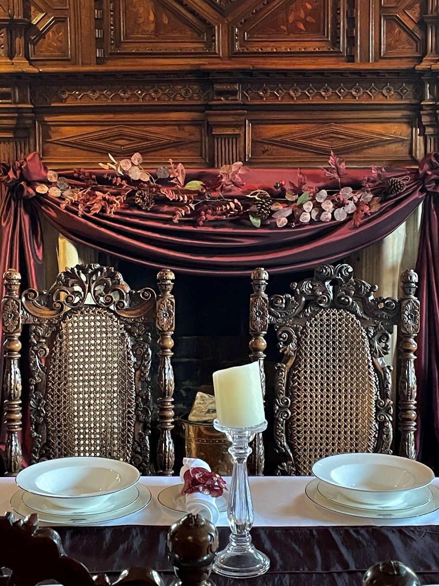 Christmas decor in the dining room at Levens Hall and Gardens