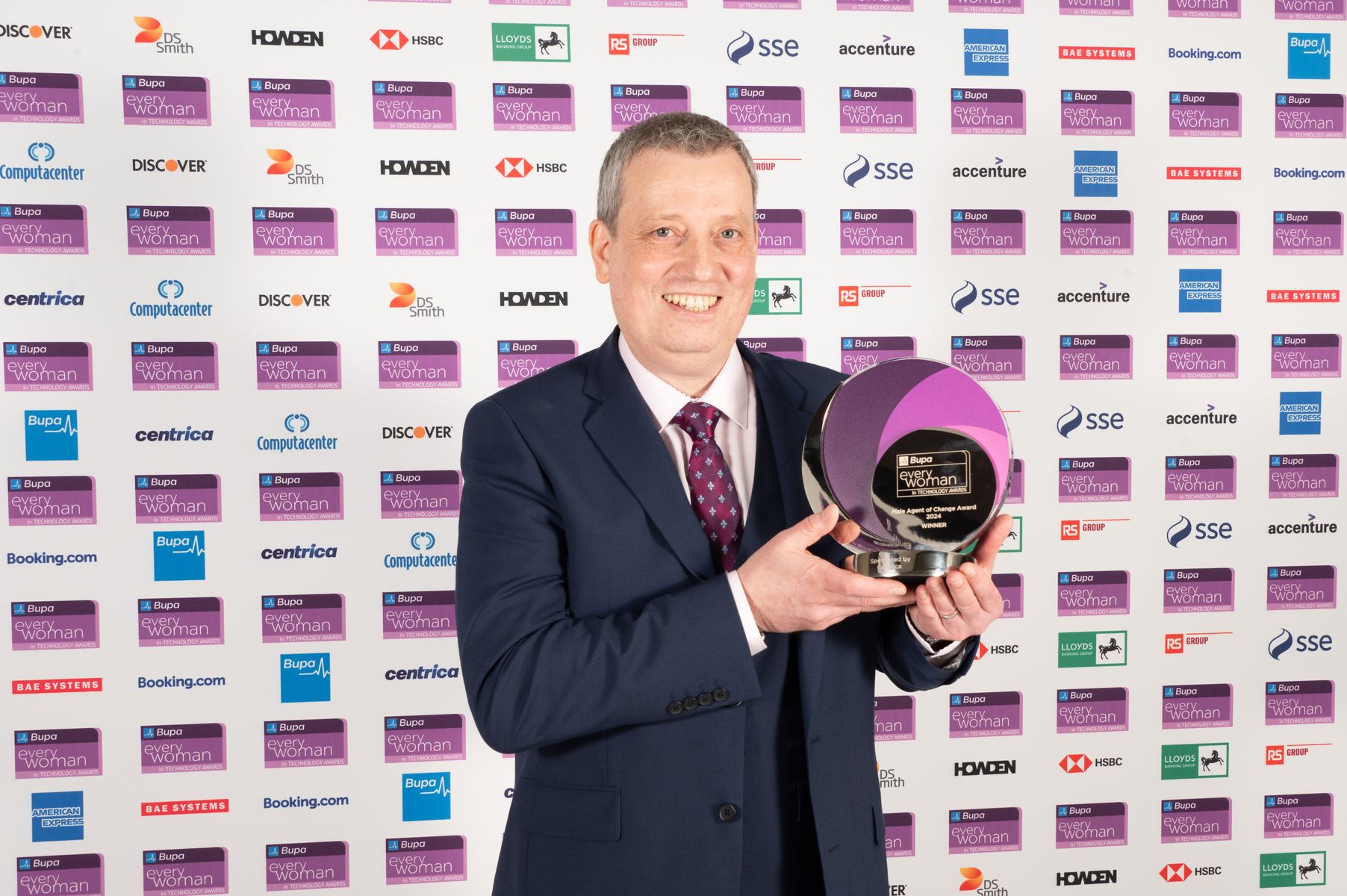 Ian Black, winner of the Male Agent of Change Award - sponsored by Centrica PLC, at the 2024 Bupa everywoman in Technology Award