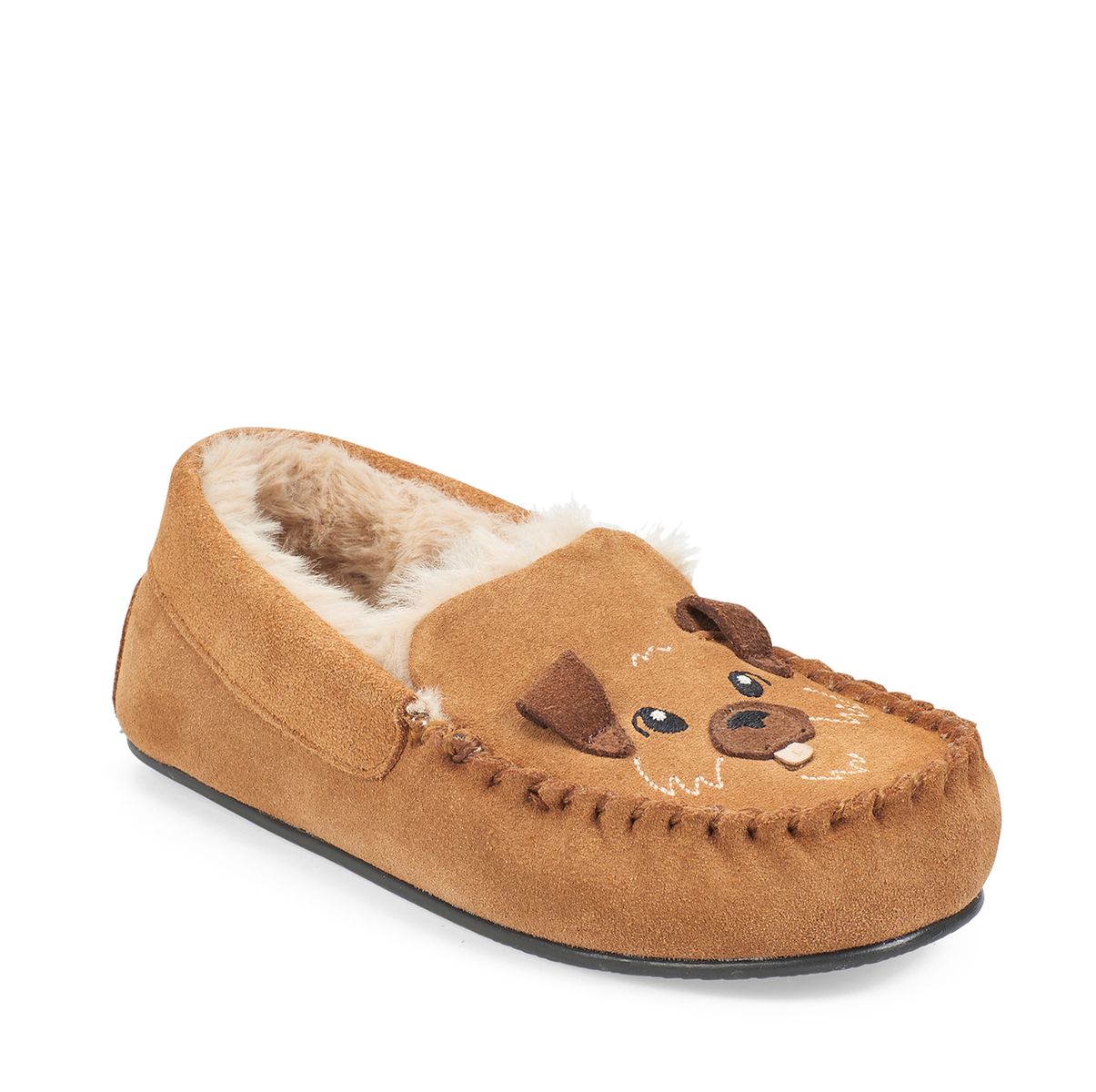 Snuggle Tan suede dog slip-on slippers