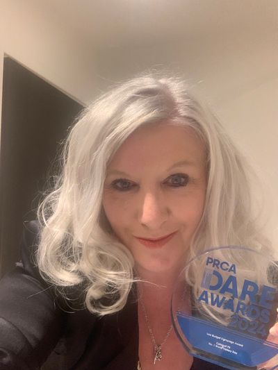Jane Hunt, MD of Catapult PR with the PRCA DARE Award for Low Budget Campaign 2024