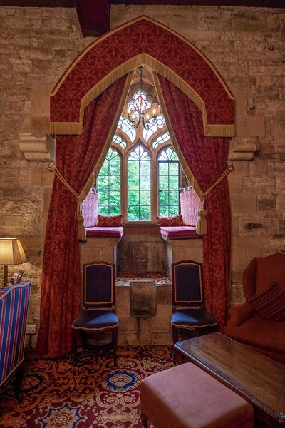 Window seat in the Drawing Room at Langley Castle Hotel, Northumberland, UK