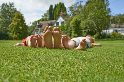 Image of family lying on healthy lawn