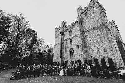 Wedding party at the Viking-themed wedding of Benjamin and Annmarie Coomber, at Langley Castle, Northumberland