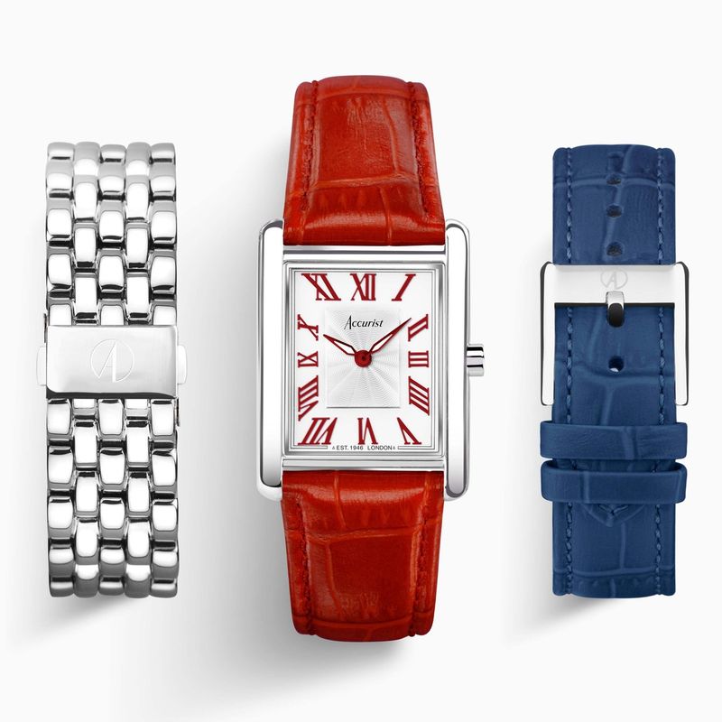 Accurist Coronation Rectangle Ladies Watch Gift Set 26mm | Silver Stainless Steel Bracelet | Navy Leather Strap